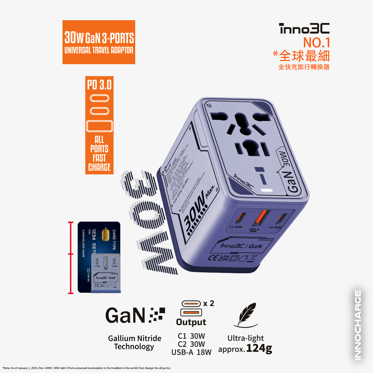 inno3C   i-30WC 30W GaN 3-Ports Universal Travel Adaptor