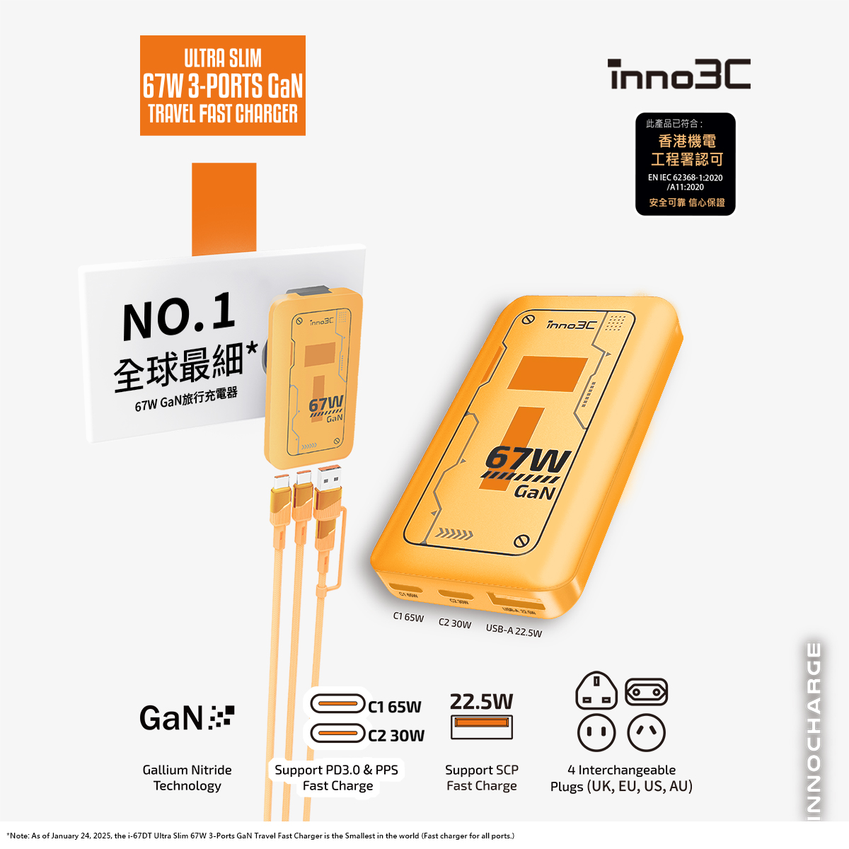 inno3C   i-67DT Ultra Slim 67W GaN 3-Ports Travel Fast Charger