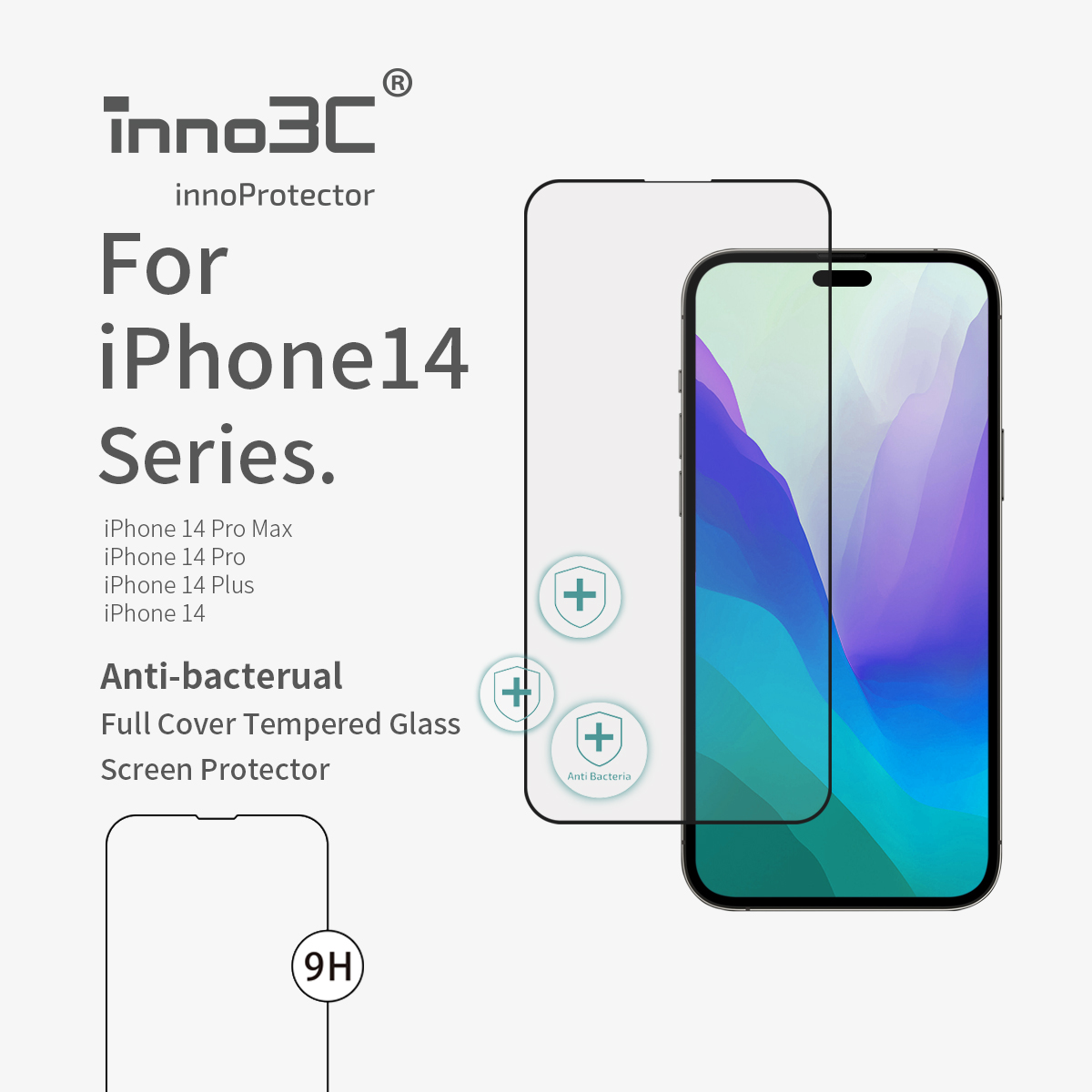 inno3C   Anti-bacterial Full Cover Tempered Glass Protector For iPhone 14 series