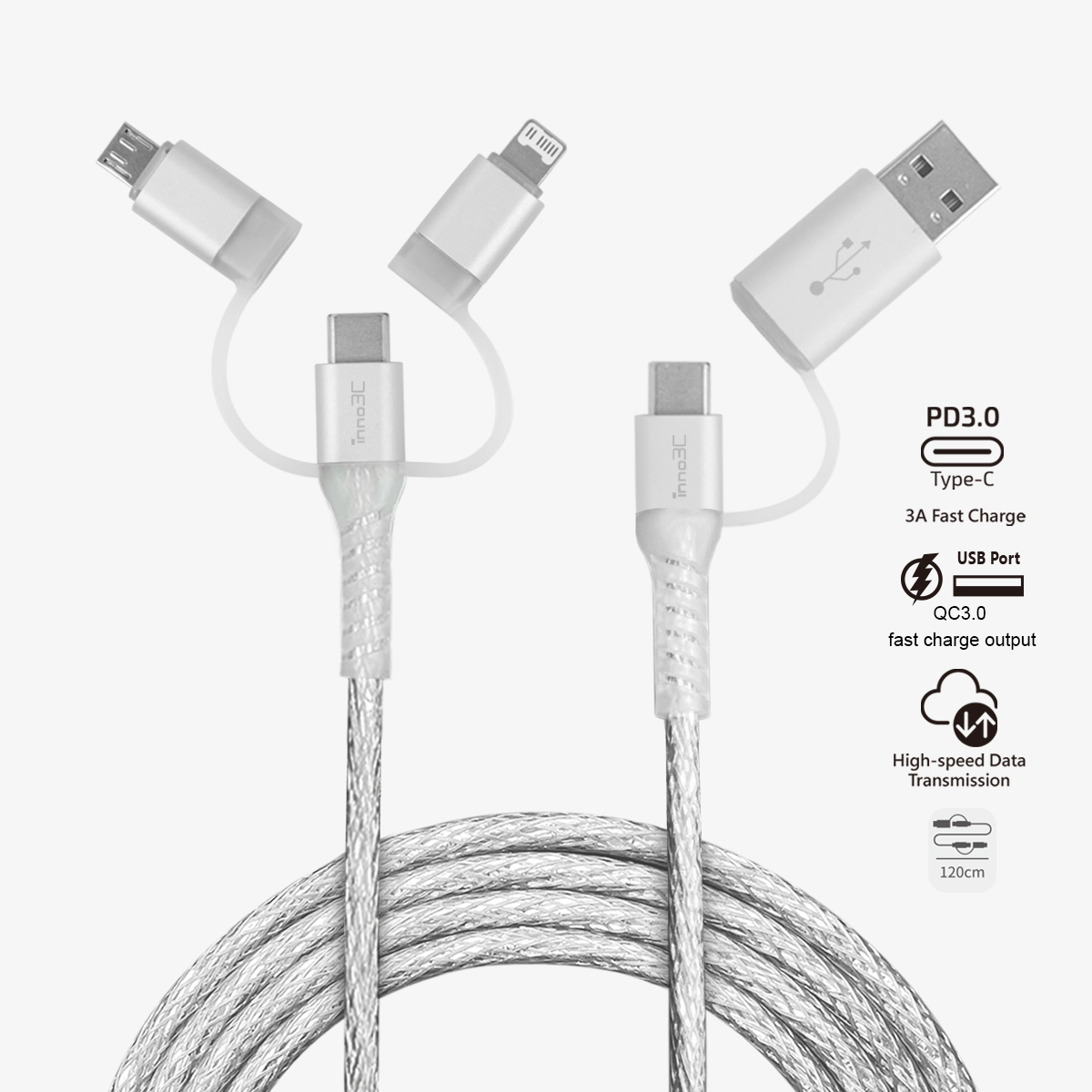 inno3C   五合一 Lightning/Type-C/Micro to USB/Type-C 透明快速充電線