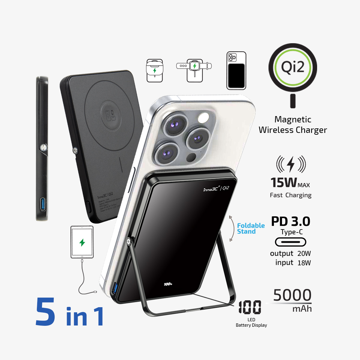 inno3C   i-5M3 Qi2 Ultra Slim Magnetic Wireless Power Bank with Stand