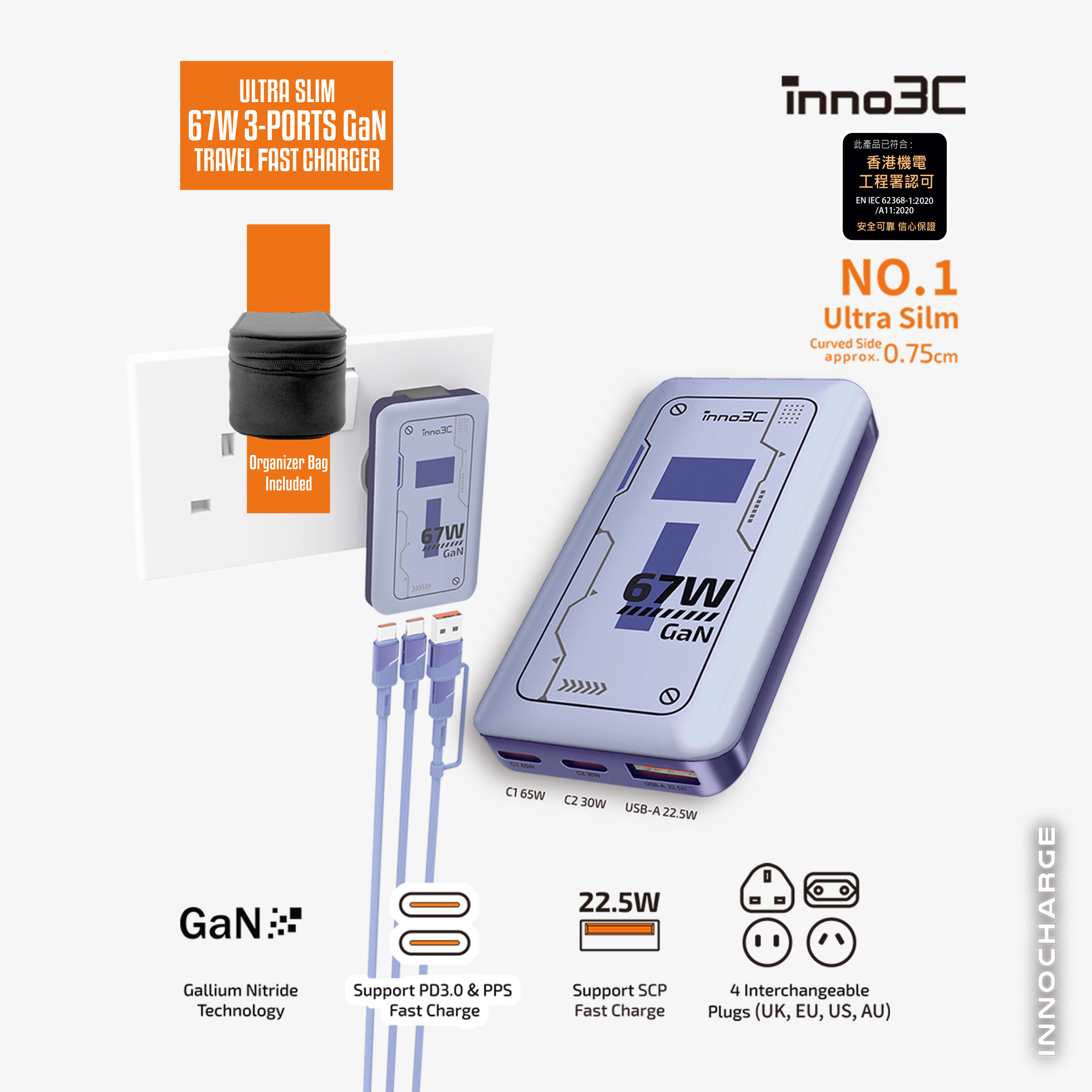 inno3C  i-67DT-S Ultra Slim 67W 3-Ports GaN Travel Fast Charger with Organizer Bag