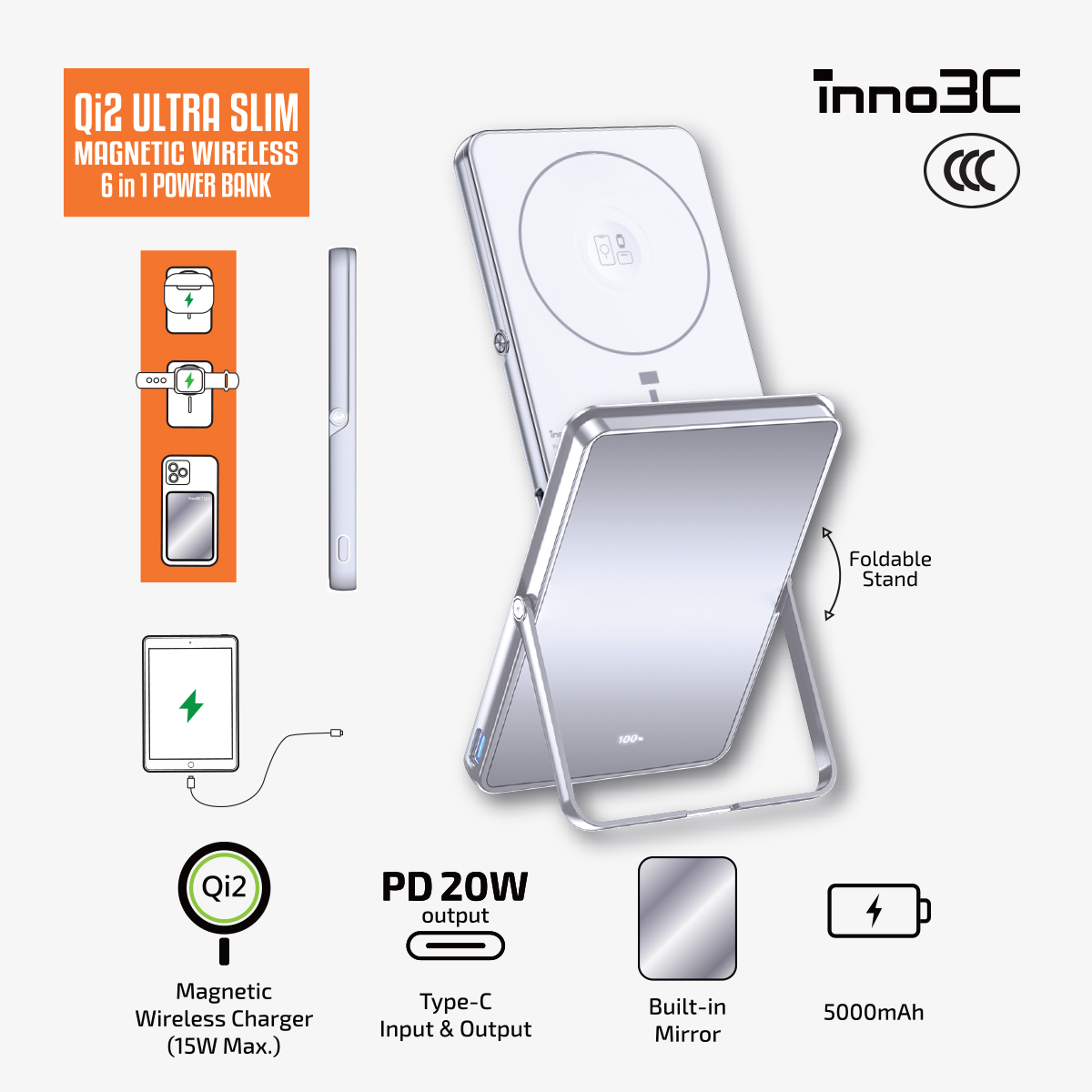 inno3C   [ CCC 3C Cert. ] M0U Qi2 Mirror Ultra Slim Magnetic Wireless Power Bank with Stand