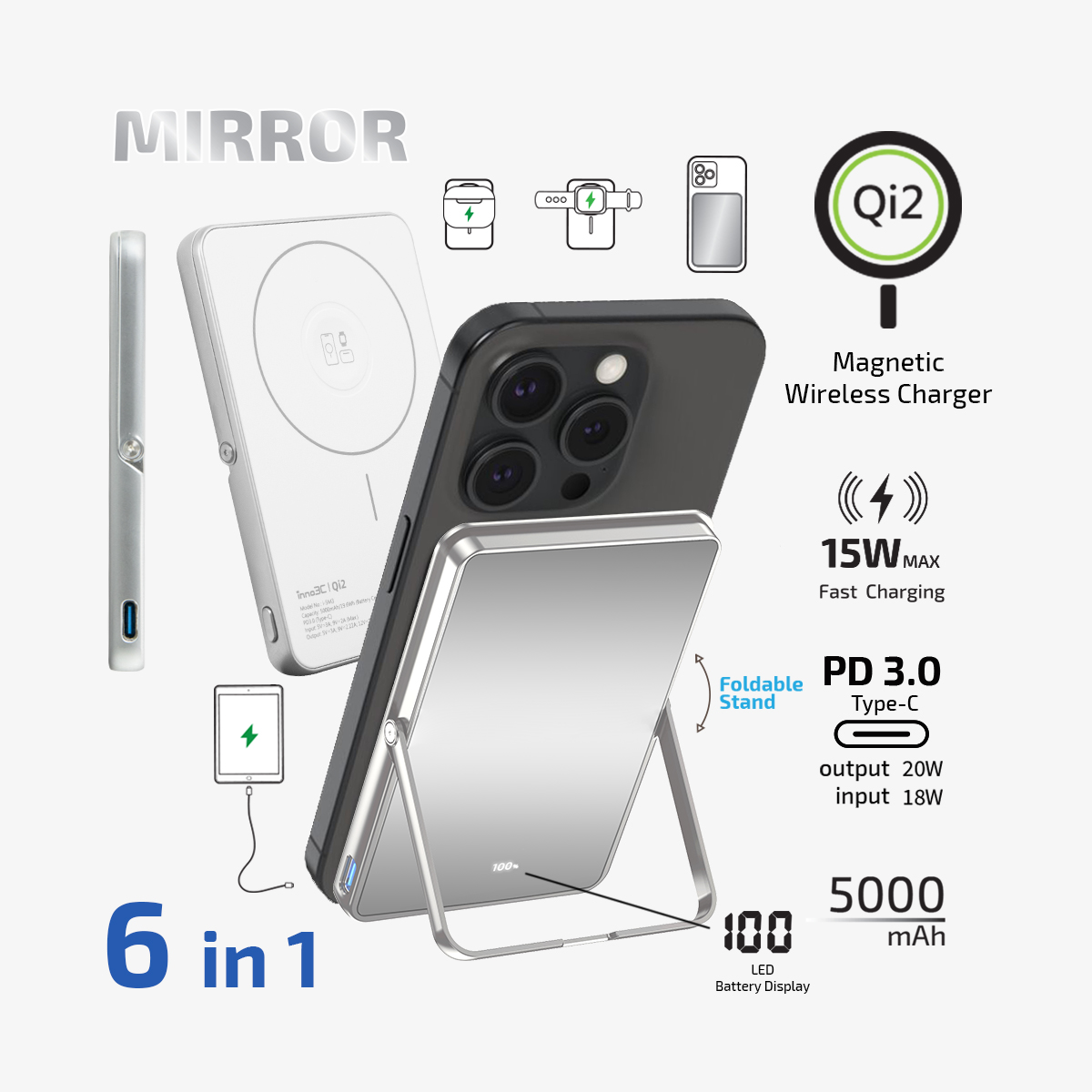 inno3C   i-5M3 Qi2 Mirror Ultra Slim Magnetic Wireless Power Bank with Stand