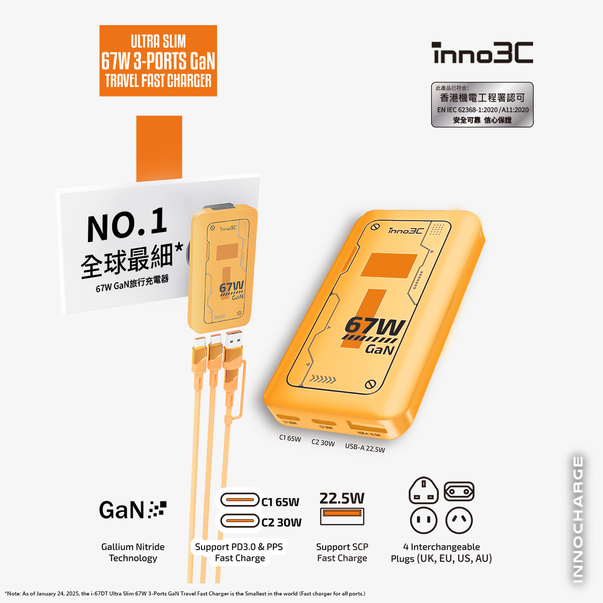 inno3C   i-67DT Ultra Slim 67W GaN 3-Ports Travel Fast Charger