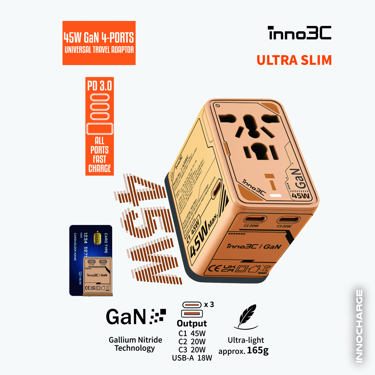 inno3C   i-45WC 45W GaN 4-Ports AC Socket Universal Travel Adaptor
