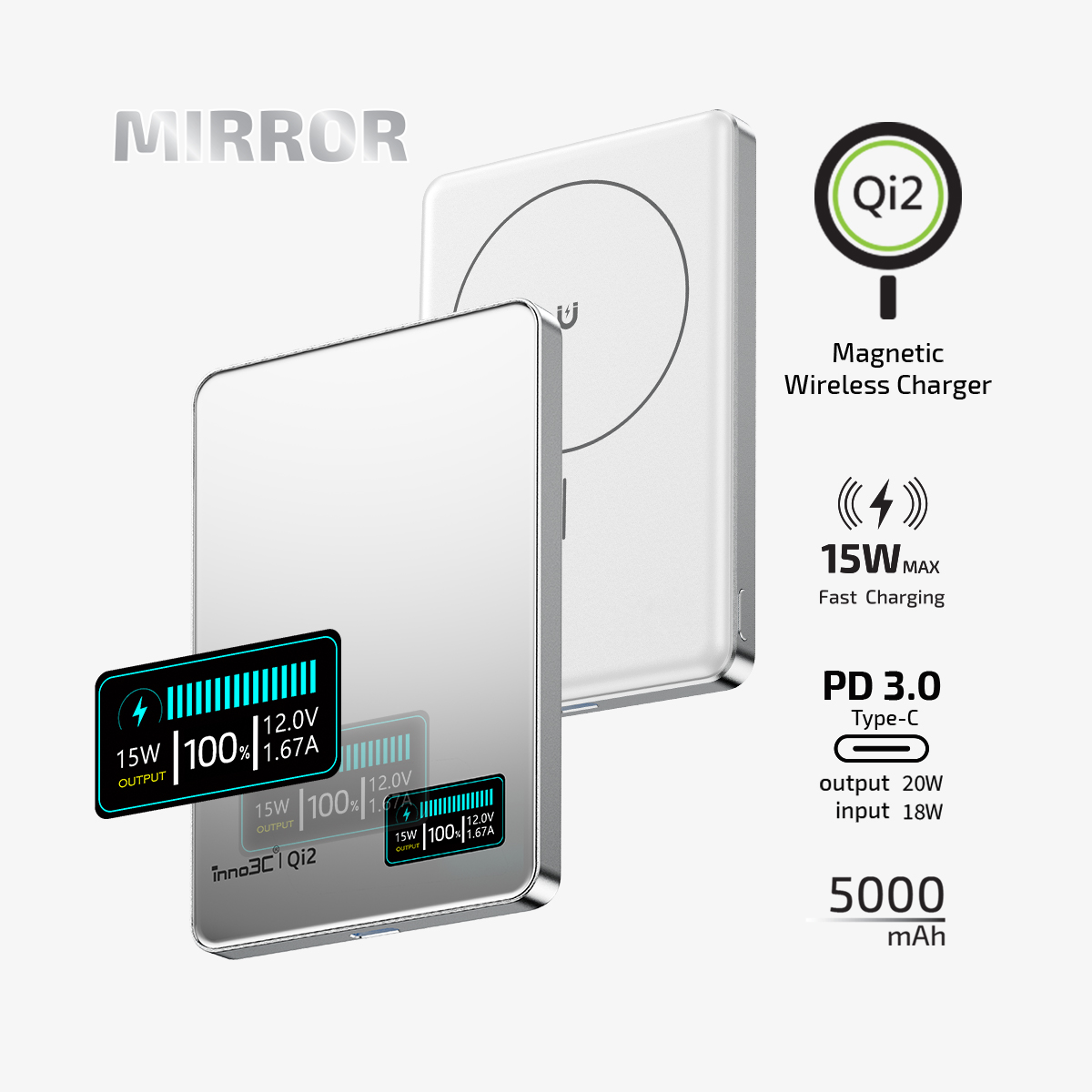 inno3C   i-5M2 Qi2 Mirror Ultra Slim Magnetic Wireless Power Bank