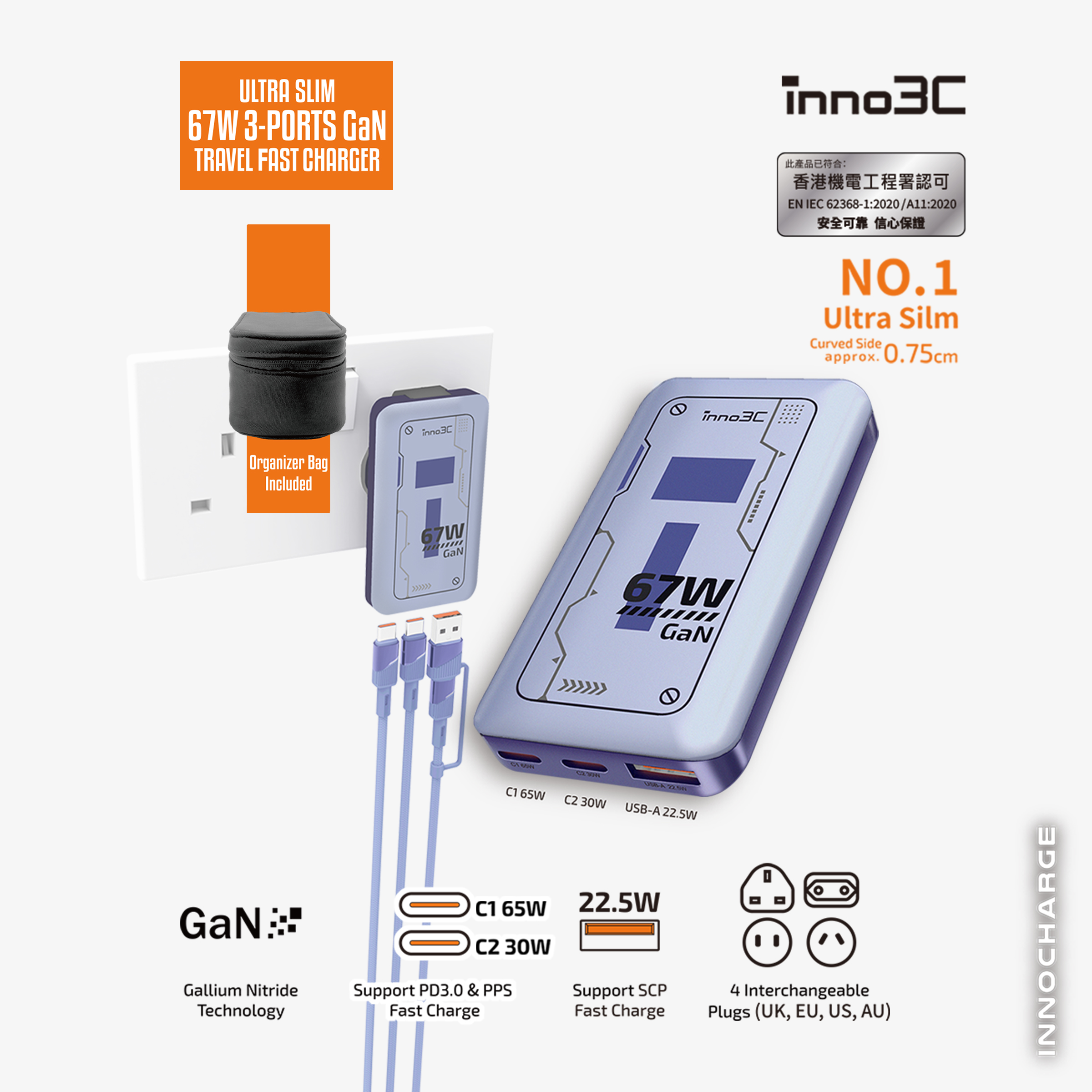 inno3C  i-67DT-S Ultra Slim 67W 3-Ports GaN Travel Fast Charger with Organizer Bag