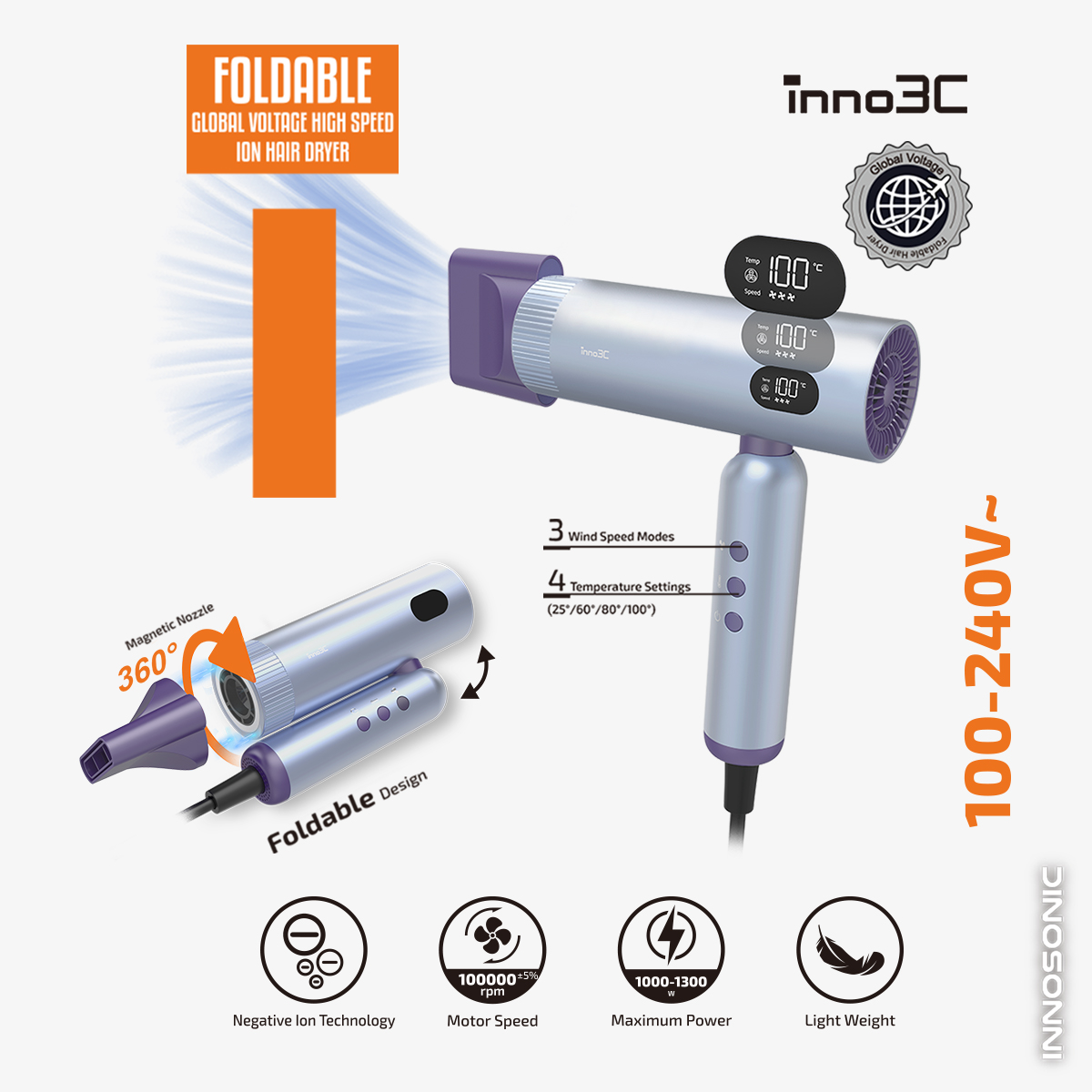 inno3C   i-FD9 Foldable Global Voltage High Speed Ion Hair Dryer