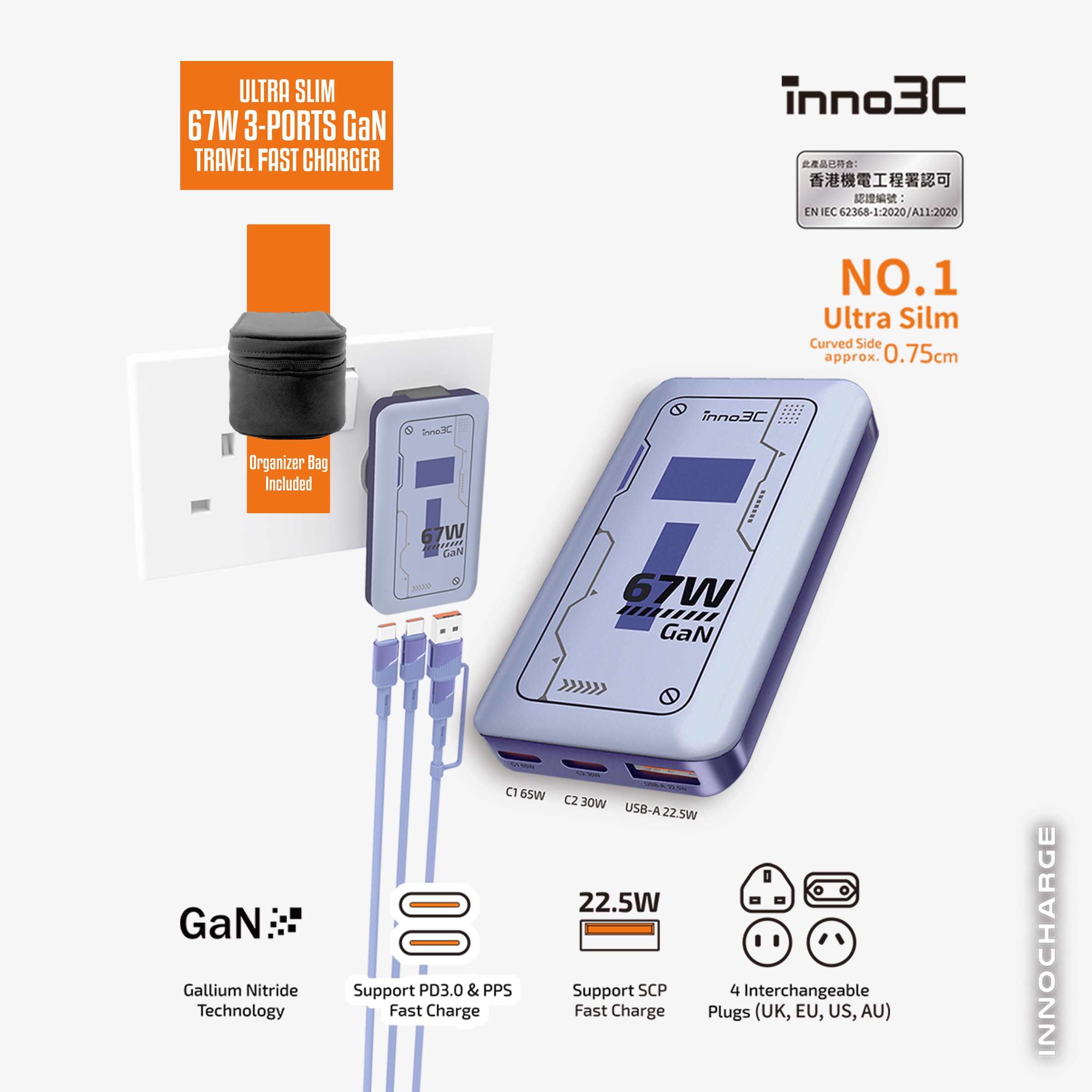 inno3C  i-67DT-S Ultra Slim 67W 3-Ports GaN Travel Fast Charger with Organizer Bag