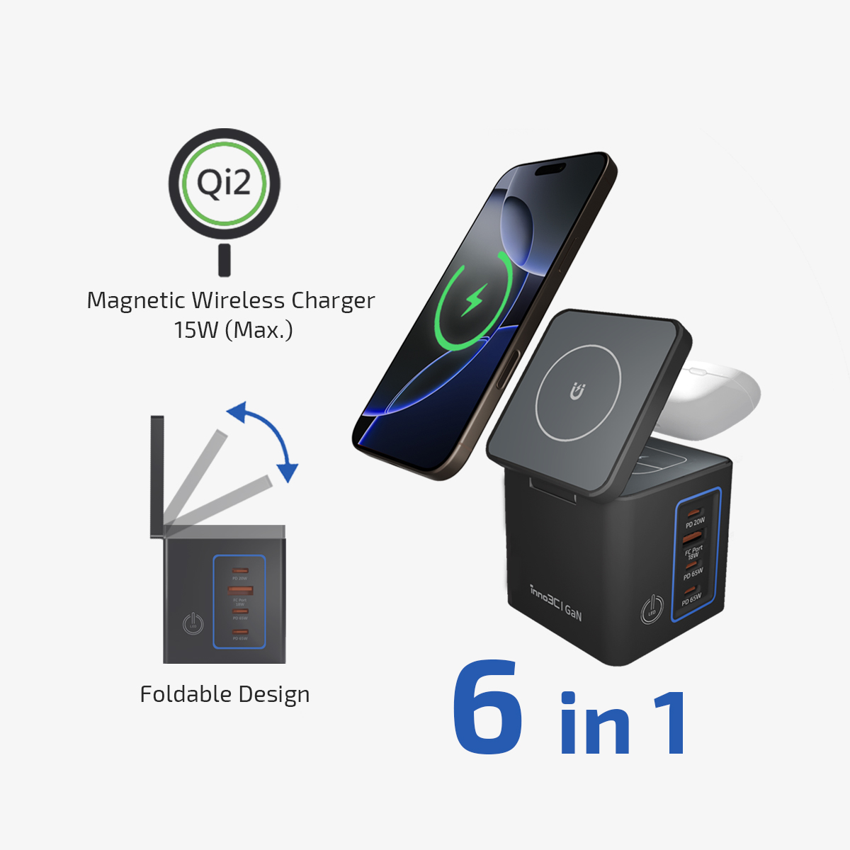 inno3C   i-105WS 105W Qi2 + GaN 6-in-1Wireless Fast Charging Dock