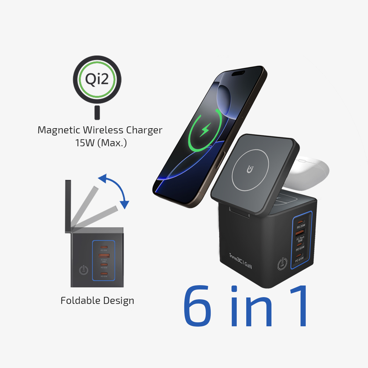 inno3C   i-105WS 105W Qi2 + GaN 6-in-1Wireless Fast Charging Dock