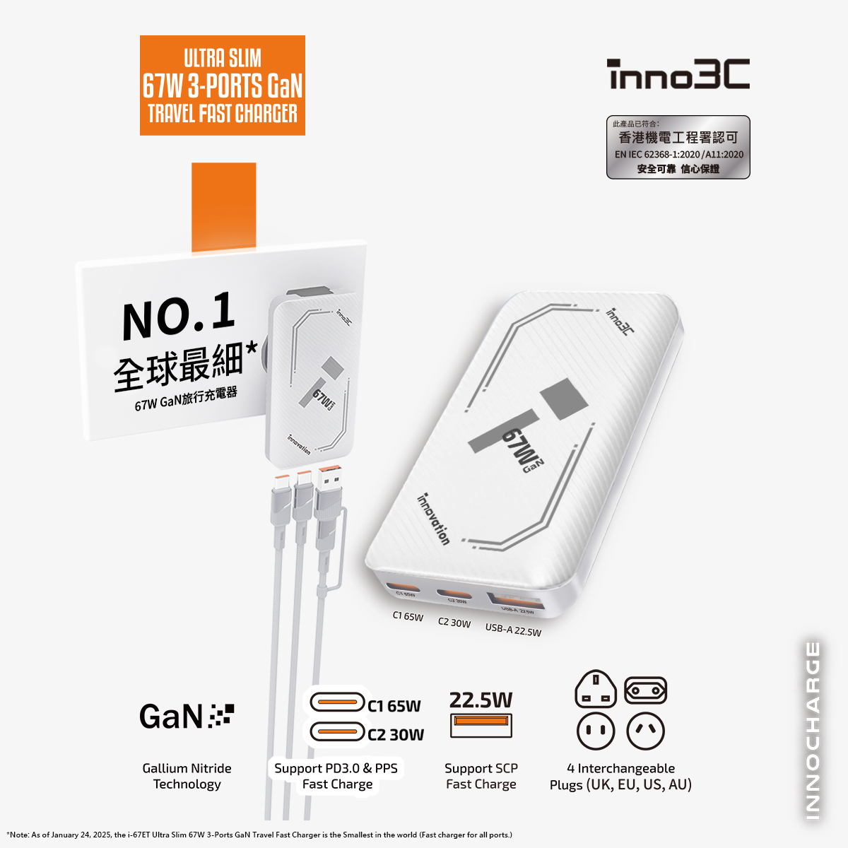 inno3C   i-67ET Ultra Slim 67W GaN 3-Ports Travel Fast Charger